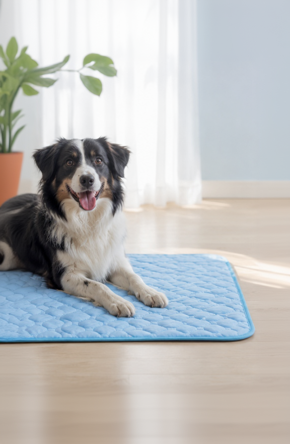 Dog lying on a blue cooling pad in a room with light blue walls and wooden flooring.
